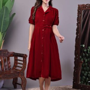 Women's Maroon Velvet Solid Printed Shirt Midi Dress with Belt
