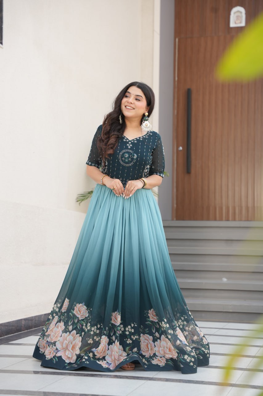 Women's Elegant Teal & Aqua Ombre Gown with Floral Printed Flair & Embellished Bodice – Perfect for Summer Festivities & Parties - Image 6